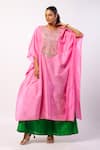 Buy_Swati Vijaivargie_Pink Silk Embroidered Resham Notched Round Kaftan With Gharara _at_Aza_Fashions