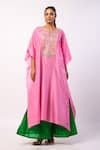 Buy_Swati Vijaivargie_Pink Silk Embroidered Resham Notched Round Kaftan With Gharara _Online_at_Aza_Fashions