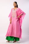 Swati Vijaivargie_Pink Silk Embroidered Resham Notched Round Kaftan With Gharara _at_Aza_Fashions