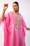 Buy_Swati Vijaivargie_Pink Silk Embroidered Resham Notched Round Kaftan With Gharara 