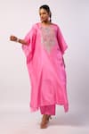 Buy_Swati Vijaivargie_Pink Silk Embroidered Resham Round Paisley Kaftan With Pant _at_Aza_Fashions