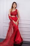 Shop_Mireya Sanya_Red Satin Sculpted Wire One-shoulder Pre-draped Saree With Blouse _at_Aza_Fashions