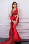 Buy_Mireya Sanya_Red Satin Sculpted Wire One-shoulder Pre-draped Saree With Blouse _Online_at_Aza_Fashions