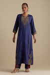 Shop_KORA_Blue Kurta And Pant Silk Embroidered Zari Notched Round Set _Online_at_Aza_Fashions