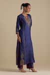 Buy_KORA_Blue Kurta And Pant Silk Embroidered Zari Notched Round Set 