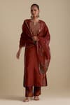 Buy_KORA_Maroon Kurta And Pant Silk Embroidered Zari Notched Round Set _at_Aza_Fashions