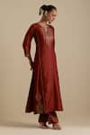 Shop_KORA_Maroon Kurta And Pant Silk Embroidered Zari Notched Round Set _Online_at_Aza_Fashions