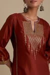 KORA_Maroon Kurta And Pant Silk Embroidered Zari Notched Round Set _at_Aza_Fashions