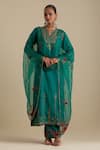 Buy_KORA_Green Kurta And Pant Silk Embroidered Zari Notched Round Sequin Set _at_Aza_Fashions