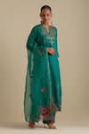 KORA_Green Kurta And Pant Silk Embroidered Zari Notched Round Sequin Set _at_Aza_Fashions