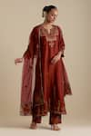 Buy_KORA_Maroon Kurta And Pant Silk Embroidered Zari Notched Round Sequin Set _at_Aza_Fashions