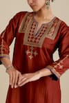 KORA_Maroon Kurta And Pant Silk Embroidered Zari Notched Round Sequin Set _Online_at_Aza_Fashions