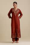 Shop_KORA_Maroon Kurta And Pant Silk Embroidered Zari Notched Round Sequin Set _Online_at_Aza_Fashions