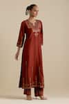 Buy_KORA_Maroon Kurta And Pant Silk Embroidered Zari Notched Round Sequin Set 