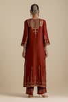 Shop_KORA_Maroon Kurta And Pant Silk Embroidered Zari Notched Round Sequin Set _at_Aza_Fashions