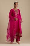 Buy_KORA_Fuchsia Kurta And Pant Silk Embroidered Zari Notched Round A-line Set _at_Aza_Fashions