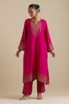 KORA_Fuchsia Kurta And Pant Silk Embroidered Zari Notched Round A-line Set _Online_at_Aza_Fashions