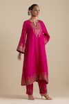 Buy_KORA_Fuchsia Kurta And Pant Silk Embroidered Zari Notched Round A-line Set _Online_at_Aza_Fashions