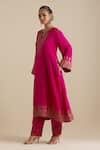 Shop_KORA_Fuchsia Kurta And Pant Silk Embroidered Zari Notched Round A-line Set _Online_at_Aza_Fashions