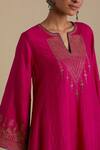 KORA_Fuchsia Kurta And Pant Silk Embroidered Zari Notched Round A-line Set _at_Aza_Fashions