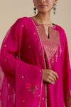 Shop_KORA_Fuchsia Kurta And Pant Silk Embroidered Zari Notched Round A-line Set 