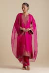 KORA_Fuchsia Kurta And Pant Silk Embroidered Zari Notched Round A-line Set _Online