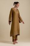 Shop_KORA_Green Kurta And Pant Silk Embroidered Zari Notched Round A-line Set _Online_at_Aza_Fashions