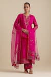 Buy_KORA_Fuchsia Kurta And Pant Silk Embroidered Zari Notched Round Straight Set _at_Aza_Fashions