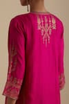 KORA_Fuchsia Kurta And Pant Silk Embroidered Zari Notched Round Straight Set _Online_at_Aza_Fashions