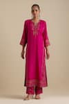 Buy_KORA_Fuchsia Kurta And Pant Silk Embroidered Zari Notched Round Straight Set _Online_at_Aza_Fashions