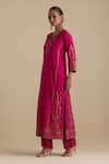 Shop_KORA_Fuchsia Kurta And Pant Silk Embroidered Zari Notched Round Straight Set _Online_at_Aza_Fashions