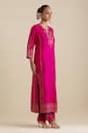 KORA_Fuchsia Kurta And Pant Silk Embroidered Zari Notched Round Straight Set _at_Aza_Fashions