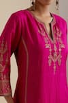 Buy_KORA_Fuchsia Kurta And Pant Silk Embroidered Zari Notched Round Straight Set 