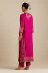 Shop_KORA_Fuchsia Kurta And Pant Silk Embroidered Zari Notched Round Straight Set _at_Aza_Fashions