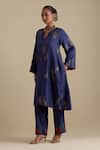 KORA_Blue Kurta And Pant Silk Embroidered Zari Notched Round Sequin A-line Set _Online_at_Aza_Fashions