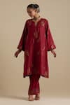 Buy_KORA_Red Kurta And Pant Silk Embroidered Zari Notched Round Sequin A-line Set _Online_at_Aza_Fashions