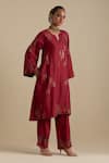 KORA_Red Kurta And Pant Silk Embroidered Zari Notched Round Sequin A-line Set _at_Aza_Fashions