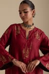 Buy_KORA_Red Kurta And Pant Silk Embroidered Zari Notched Round Sequin A-line Set 