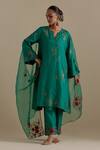 Buy_KORA_Green Kurta And Pant Silk Embroidered Zari Notched Round A-line Set _at_Aza_Fashions