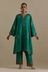 KORA_Green Kurta And Pant Silk Embroidered Zari Notched Round A-line Set _Online_at_Aza_Fashions