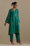 KORA_Green Kurta And Pant Silk Embroidered Zari Notched Round A-line Set _at_Aza_Fashions