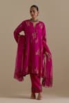 Buy_KORA_Fuchsia Kurta And Pant Silk Embroidered Zari Notched Round A-line Set _at_Aza_Fashions