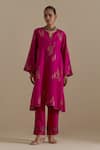 KORA_Fuchsia Kurta And Pant Silk Embroidered Zari Notched Round A-line Set _Online_at_Aza_Fashions