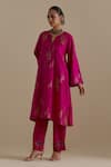 Shop_KORA_Fuchsia Kurta And Pant Silk Embroidered Zari Notched Round A-line Set _Online_at_Aza_Fashions