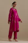 KORA_Fuchsia Kurta And Pant Silk Embroidered Zari Notched Round A-line Set _at_Aza_Fashions