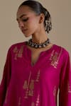 Buy_KORA_Fuchsia Kurta And Pant Silk Embroidered Zari Notched Round A-line Set 