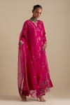 Buy_KORA_Fuchsia Kurta And Pant Silk Embroidered Zari Notched Round Butis Long Set _at_Aza_Fashions