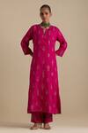 KORA_Fuchsia Kurta And Pant Silk Embroidered Zari Notched Round Butis Long Set _Online_at_Aza_Fashions