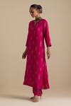 KORA_Fuchsia Kurta And Pant Silk Embroidered Zari Notched Round Butis Long Set _at_Aza_Fashions