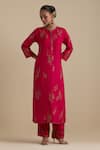 KORA_Fuchsia Kurta And Pant Silk Embroidered Zari Round Contrast Hem Straight Set _Online_at_Aza_Fashions